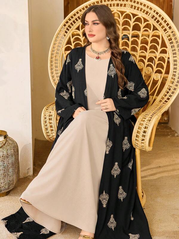 Al Najma Plus Size Embroidered Long Sleeve Loose Regular Abaya For Spring/Summer, Modest Robe