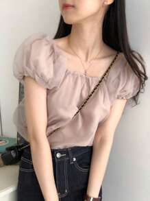 DAZY 女士撞色网眼泡泡袖衬衫，春夏可爱上衣 - 杏色 - 查看 8