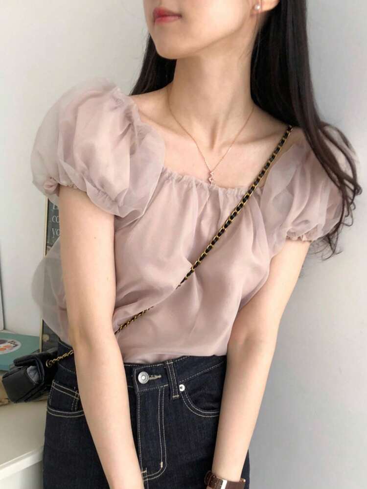 Women Contrast Mesh Puff Sleeve Blouse, Spring/Summer Cute Tops