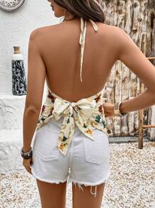 Breezaya Women's Floral Print Vacation Style V-Neck Halter Backless Tied Hem Split Back Tank Top - Yellow - View 2