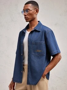Business Casual Camisa casual holgada para hombre con bordado de letra, azul, adecuada para uso diario, primavera/verano, vacaciones - Azul - Ver 3