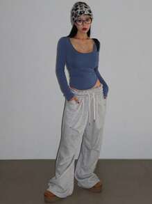 DAZY Crop top da donna con colletto alto, aderente e a maniche lunghe, di moda