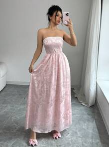 Chiquease Đầm dự tiệc lãng mạn, hở eo, viền ngọc trai, họa tiết jacquard màu hồng ngọt ngào thanh lịch dành cho nữ - Hồng - Xem 3