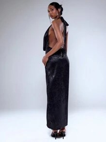 MUSERA 东方提花缎面超大围脖挂脖长裙优雅春夏假期 - 黑色 - 查看 5