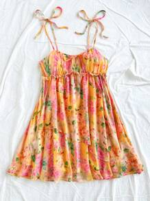 Soleia 编织印花细肩带女式迷你连衣裙休闲装度假网纱连衣裙女式春季服装碎花连衣裙女式太阳裙 - 黃色 - 查看 4