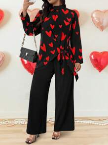 Calvaya Plus Size Valentine's Day Heart Shaped 2pcs Casual Outfit Set - Multicolor - View 4