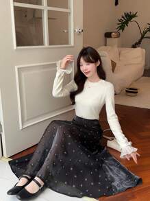 DAZY 女士休闲纯色3D立体花卉半身裙 夏季、秋季服装 - 黑色 - 查看 4