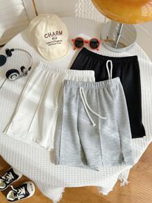 SHEIN Leap Crew 3pcs/Set Young Boys Casual Cute Basic Classic Black White Gray Loose Drawstring Hoodie And Shorts Set, Buy 2 Get 1 Free, Suitable For Traveling, School, Daily Gatherings, Spring/Summer - Multicolor - View 3