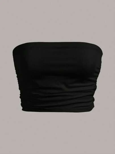 SHEIN Essnce 女士黑色纯色修身抹胸，休闲日常穿着，适合音乐节演唱会