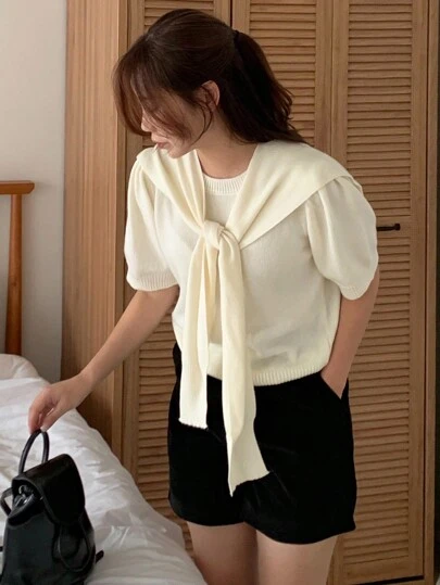 DAZY 女士短袖披肩针织上衣，纯杏色，春夏