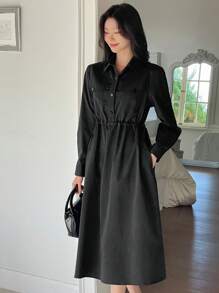 DAZY 设计领收腰轻盈长裙衬衫裙秋季连衣裙长袖连衣裙