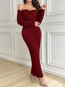 Modelyn 女士纯色长袖修身休闲日常酒红色连衣裙 - 酒紅色 - 查看 5
