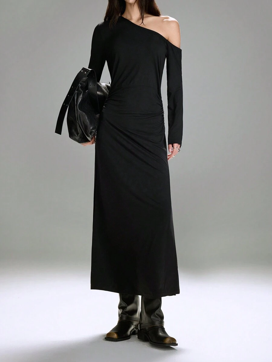 LYSMO Đầm xòe cổ lệch màu thời trang - màu đen - Xem 1