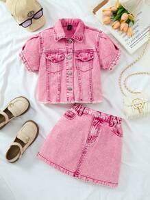 2pcs/Set Tween Girls Denim Top + High Waisted Mini Skirt, Pink - Pink - View 1