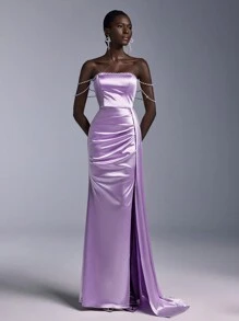 Elitara 华丽露肩袖口串珠侧垂高开衩美人鱼晚礼服女士正式舞会礼服（重工业风格）优雅舞会婚礼宾客礼服，适合毕业典礼、晚宴派对礼服 - 紫羅蘭色 - 查看 6