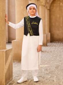 SHEIN Tween Boy Letter Print Vest And Long Robe 2pcs Set - Multicolor - View 6