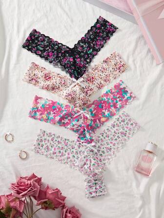 4 件套 女式性感深 V 蕾丝丁字裤