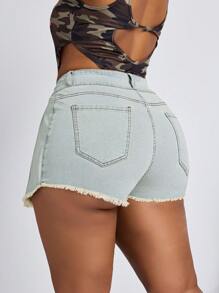 SHEIN SXY 大码女式弹力牛仔蓝色复古褶皱时尚短裙 - 藍色 - 查看 3