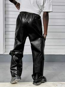 Manfinity RebelGame Men's PU Leather Wide-Leg Straight Pants, Casual And Fashionable For Daily Wear - Black - View 2