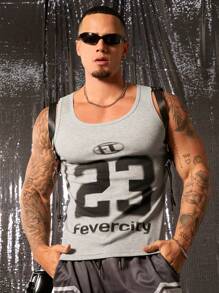 FeverCity 男士字母图案宽松针织无袖背心，夏季 - 灰色 - 查看 1