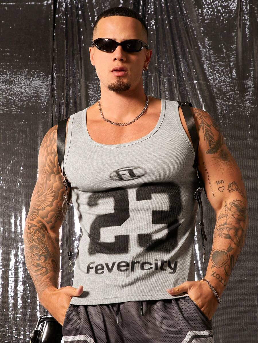 FeverCity 男士字母图案宽松针织无袖背心，夏季 - 灰色 - 查看 1
