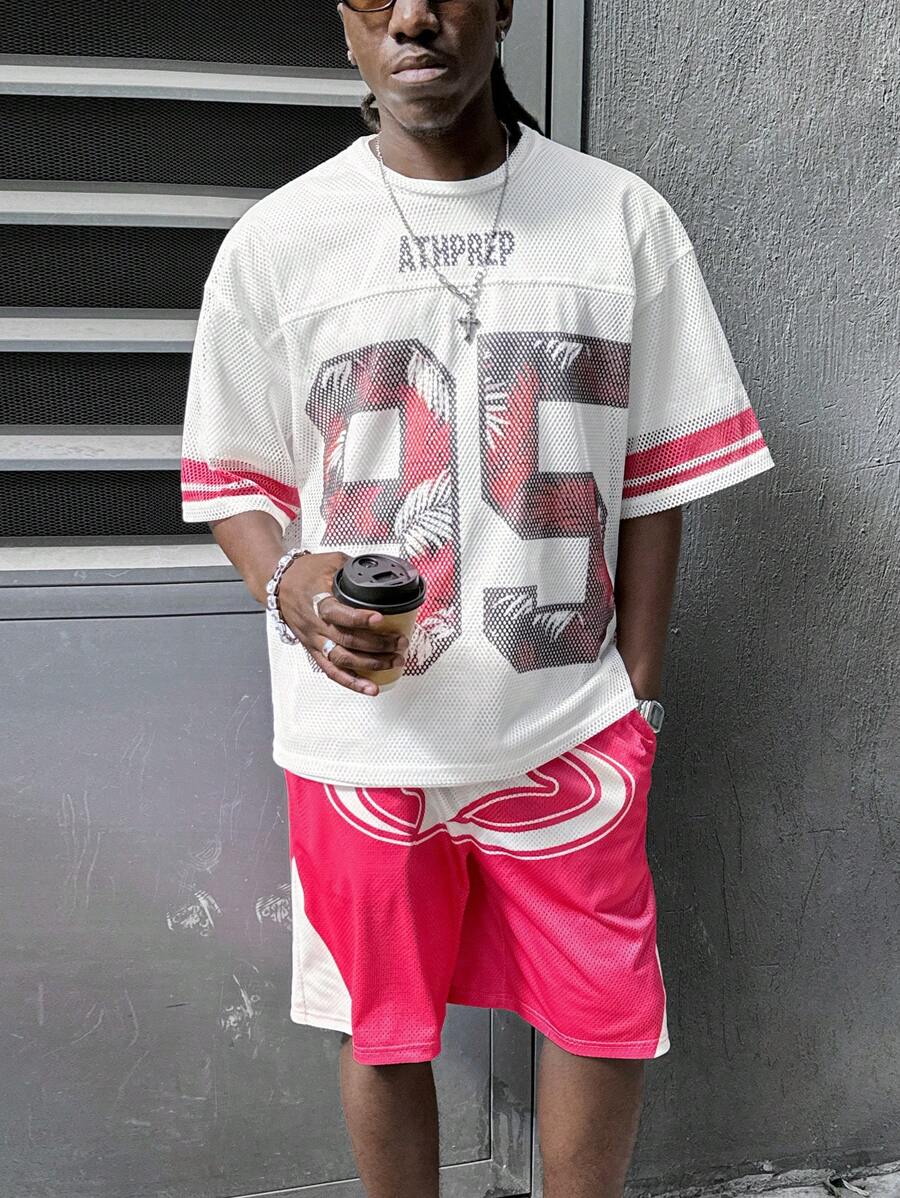 Manfinity VCAY Men's Loose Round Neck Short Sleeve T-Shirt Set With Digital Printing, Mesh Design - Multicolor - View 1