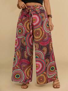 Travachic Boho Plus Size Holiday Casual Summer Beach Loose Red-Brown Print Belted Maxi Pants Women Wide Leg Trousers - Multicolor - View 3