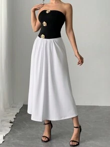 Firerie Valentine's Day Women's Color Block Patchwork 3D Floral Decor Simple Casual Dress - Black and White - View 6