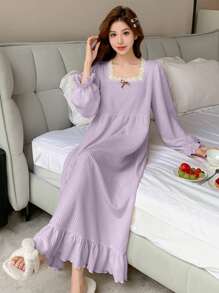 DAZY Sweet Textured Fabric Lace Patchwork Square Neck Ruffle Hem Nightgown - Purple - View 3
