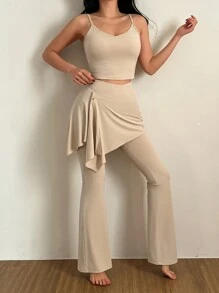 DAZY Bộ đồ ngủ và áo ba lỗ dệt kim màu trơn đơn giản, đồ mặc nhà cho nữ - Màu be - Xem 6