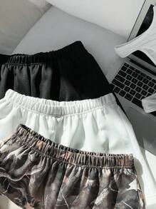 Conjunto de 3 piezas de shorts casuales de punto sólido, estampado de rama desnuda y camuflaje para niña preadolescente, de vuelta a la escuela, a juego con mamá - Multicolor - Ver 8