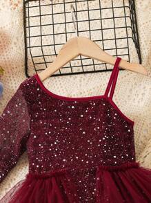 SHEIN Glamorique Kids Đầm công chúa lưới lấp lánh thanh lịch cho bé gái thời trang thường ngày - Màu Đỏ Sâu - Xem 4