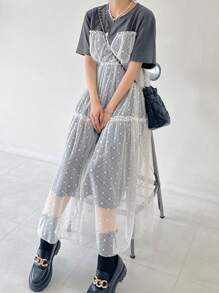 FRIFUL 女式宽松波尔卡圆点图案蕾丝拼布长款T恤连衣裙，荷叶边 - 灰色 - 查看 6