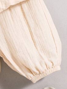 SHEIN 2 件套年轻男孩休闲纹理面料衬衫和短裤套装，2 件套服装适合学校、花园、海滩、生日、春季、夏季、秋季、冬季 - 杏色 - 查看 5