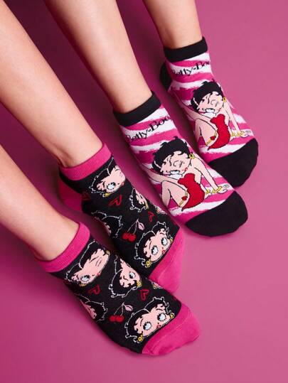 Betty Boop x SHEIN 2双装女士舒适卡通图案短袜，加固趾部和脚跟，四季皆宜，可作礼物、亲吻、情人节礼物、卡通图案、礼品创意、派对、节日、情人节礼物