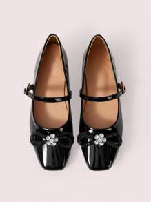CUCCOO DOLLMOD 2024 Spring Autumn New French Square Toe Flat Shoes With Bow Decor, Shallow Versatile Women Shoes Spring Shoes Spring Break Easter - Black - View 2