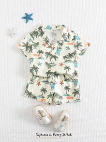 Cozy Pixies 2pcs/Set Baby Boy Coconut Tree Pattern Lapel Short Sleeve Half Placket Pullover Top And Elastic Waist Shorts Set - Multicolor - View 3