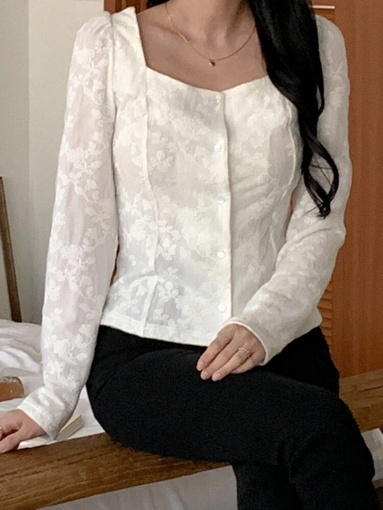 1pc Women's Solid Color Jacquard Fitted Long Sleeve Square Neck Blouse,Fall Clothes