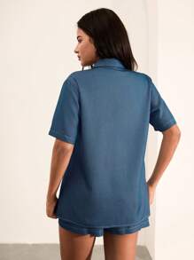 SHEIN Unity Ensemble 2 pièces décontracté pour femmes, look effet jean minimaliste, à porter au quotidien - Bleu azur - Voir 2