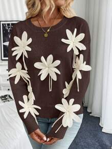 Chiquease 女士3D立体花卉手工长袖套头毛衣，秋冬针织套头衫 - 咖啡棕 - 查看 3