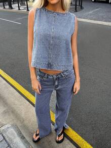 Forever 21 A-Line Denim Top, Fall Women Clothes Y2K Fall & Winter Women Vintage Casual Denim Vest - Baby Blue - View 4