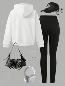 Teen Girls Autumn/Winter New Casual Street Fashion Rapper Street Dance Lip Teeth Decor Hoodie And Riding Pants 2 Pieces Set - White - View 2