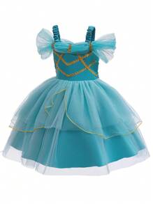 Solid Color Spaghetti Strap Mesh Princess Dress, Casual & Fashionable For Everyday Wear - Green - View 4