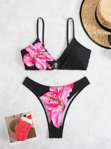 SHEIN Swim 2pcs Springbreak Printed Wireless Round Ring Spaghetti Strap Swimwear Top And High Cut Bikini Bottom Set For Women - Black - View 6