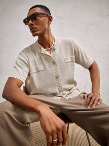 AKNOTIC Party 男士杏色针织金属纽扣宽松落肩多口袋休闲毛衣，适合日常穿着和夏季度假 - 杏色 - 查看 2