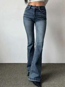 DAZY Women's Casual Distressed Slim Fit Flare Leg Jeans Low Rise Jeans - Medium Wash - View 7