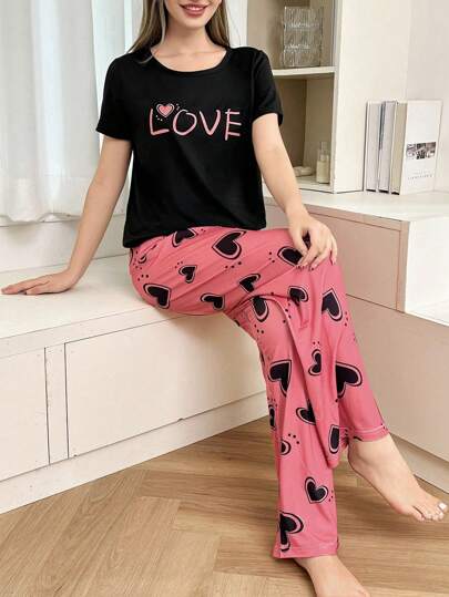2pcs Letter & Heart Print Short Sleeve Top And Pants Pajama Set  Cozy And Elegant Details