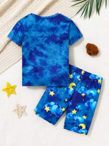 SHEIN 2 pièces/Set Jeune garçon Pyjama T-shirt à manches courtes casual col rond et shorts à motif chien de bande dessinée, ensemble de vêtements de détente confortable