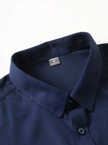 Calvornis 长袖纯色简约时尚休闲日常衬衫，深蓝色男士衬衫，男士蓝色正装衬衫，秋季 - 藏蓝色 - 查看 3