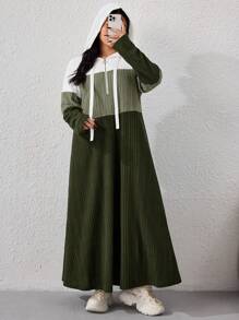 Mulvari 大码长袖休闲连衣裙，简约时尚，适合日常穿着 - 軍綠色 - 查看 4